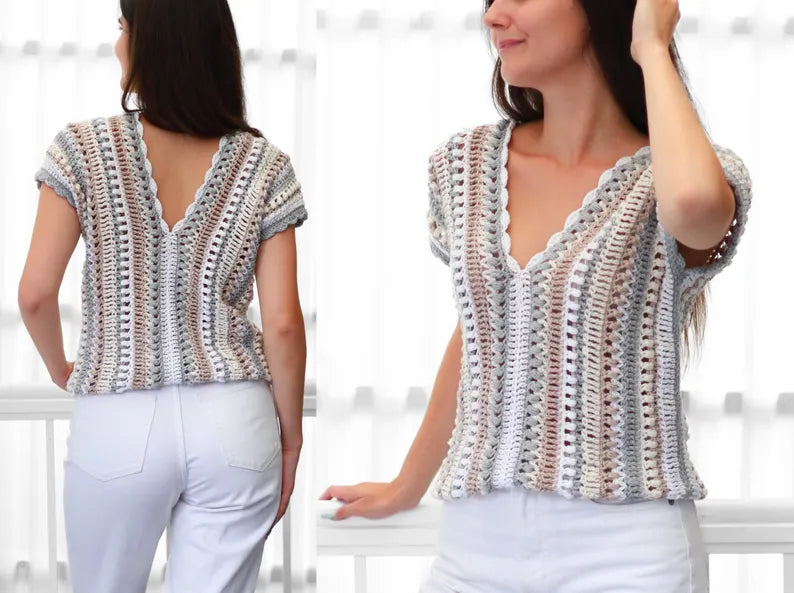 Crochet pattern PDF- Women crochet top -2 panels V-neck -Easy crochet shirt short sleeve blouse wearable- XS-3XL