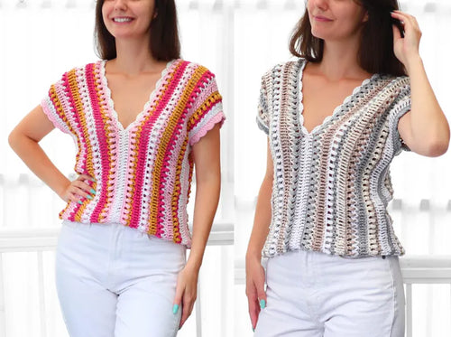 Crochet pattern PDF- Women crochet top -2 panels V-neck -Easy crochet shirt short sleeve blouse wearable- XS-3XL